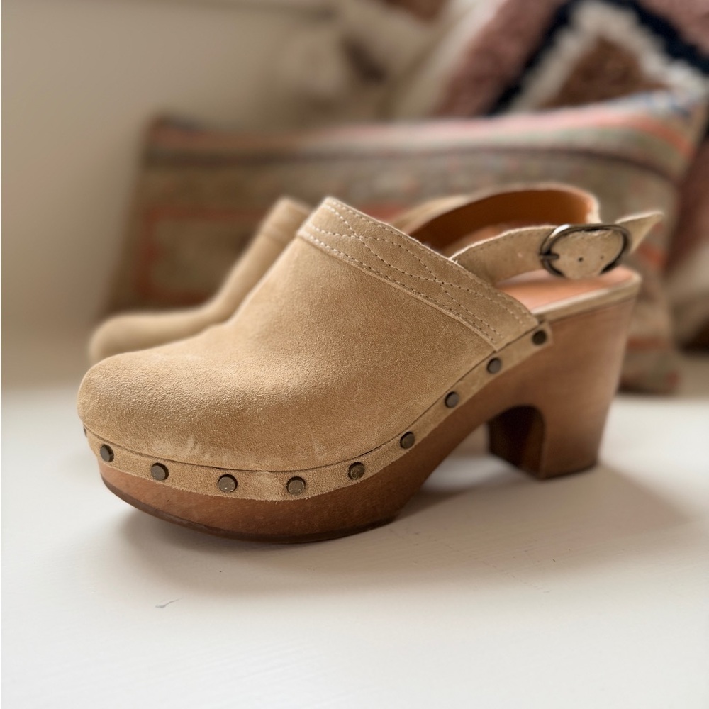 Sezane Taylor Beige Suede Wood Platform Heeled Clogs - 6.5 / 37 - Picture 3 of 7